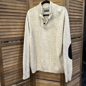 CHAPS MENS BUTTON NECK JUMPER SWEATER LARGE OFF WHITE FLECKED COTTON
